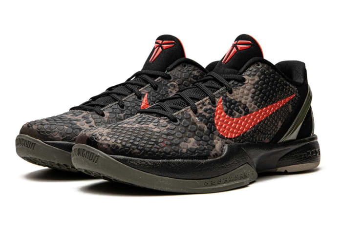 Side view of Kobe Bryant's black and red camo shoes.